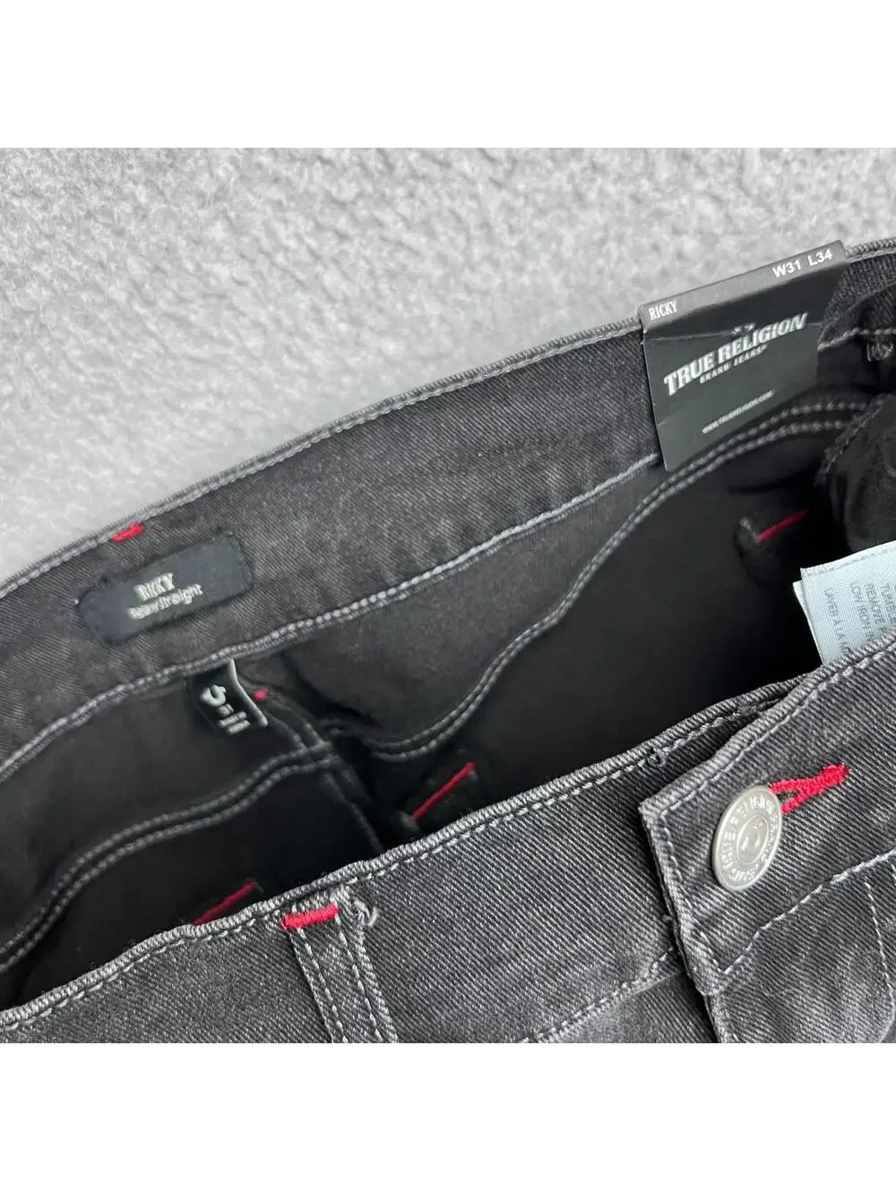 True Religion Ricky Relax Straight Jeans W31 L34 Black Red Stitch Y2K Baggy New